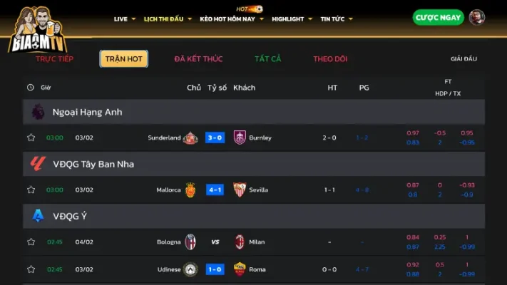 Cập nhật tỷ số và lịch thi đấu kịp thời